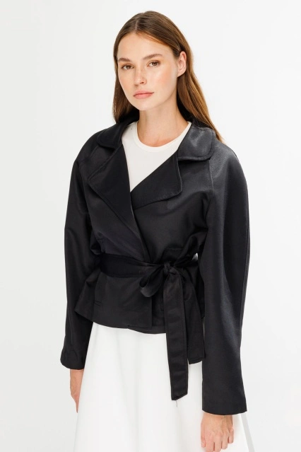 Kruvaze Yaka Kısa Siyah Trençkot