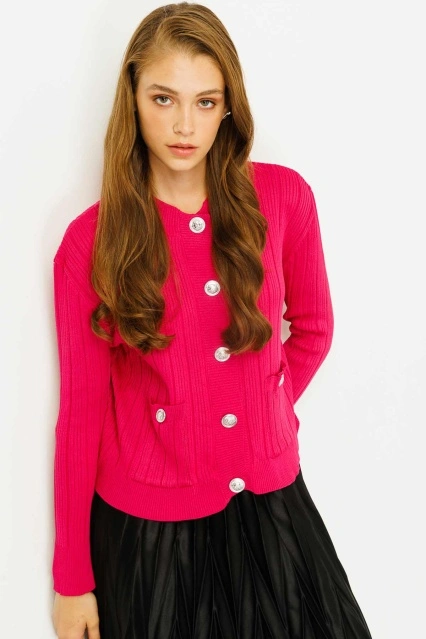 Lady Düğmeli Triko Hırka - Fuşya