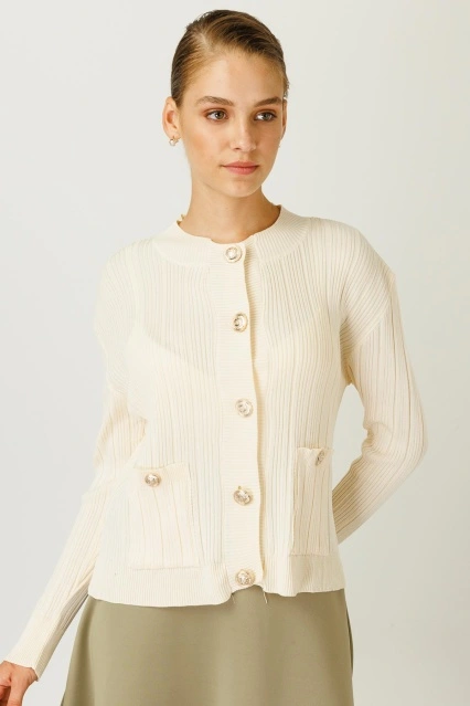 Lady Düğmeli Triko Hırka - Krem