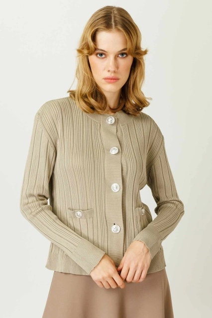 Lady Düğmeli Triko Hırka - Vizon