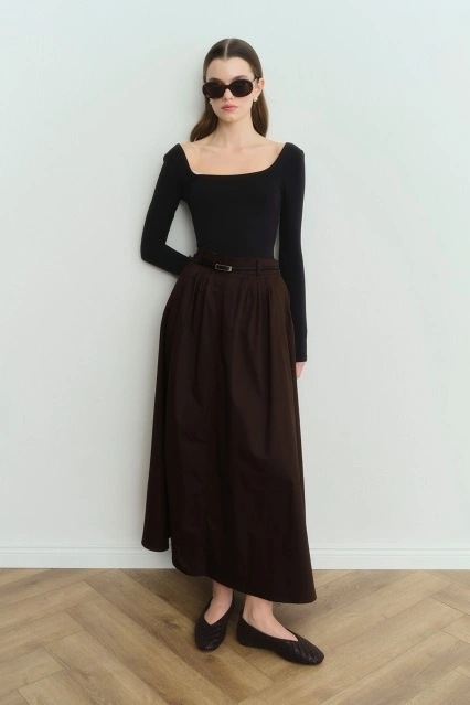 Lidia Pile Detaylı Kahve Etek Lidia Pile Detaylı Kahve Etek