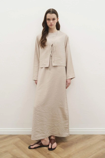 Bağlama Detaylı Modal Kumaş Bej Elbise