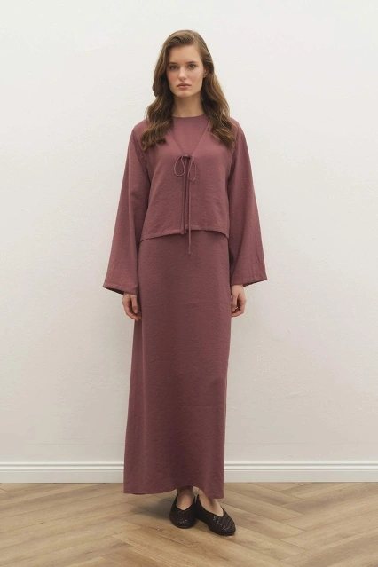 Bağlama Detaylı Modal Kumaş Gül Kurusu Elbise