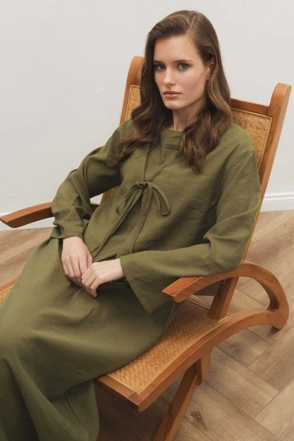 Bağlama Detaylı Modal Kumaş Haki Elbise