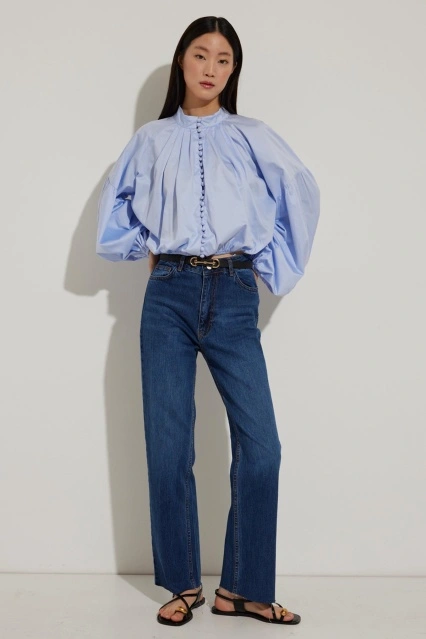 Önden Düğmeli Açık Mavi Crop Poplin Gömlek