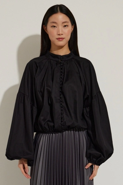 Önden Düğmeli Siyah Crop Poplin Gömlek