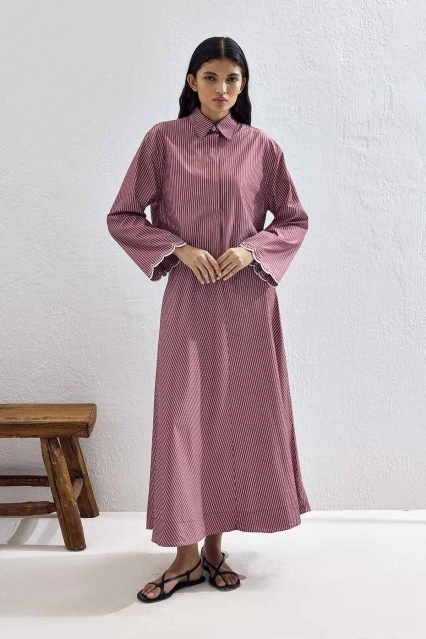 Luna Nakış Detaylı Çizgili Bordo Etekli Takım