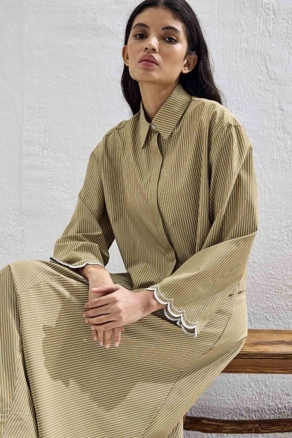 Luna Nakış Detaylı Çizgili Camel Etekli Takım