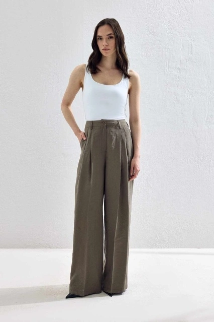 Lyocell Cupra Kumaş Pileli Palazzo Koyu Haki Pantolon