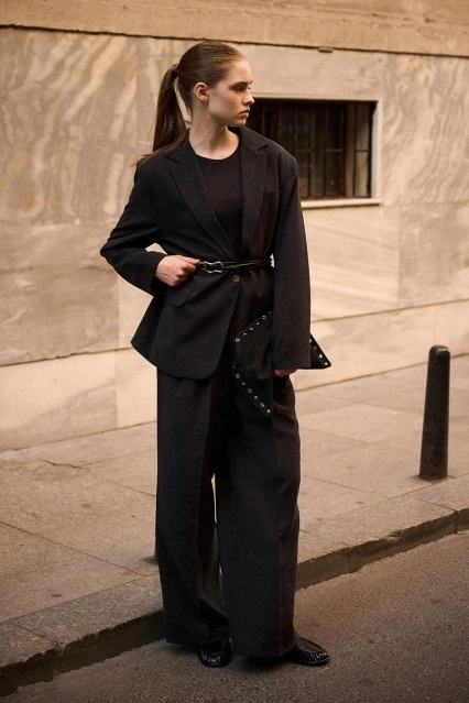 Lyocell Cupra Kumaş Pileli Palazzo Siyah Pantolon