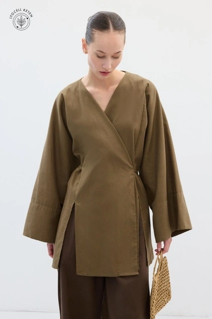 Lyocell Keten Bağcık Detaylı Ada Çayı Kimono