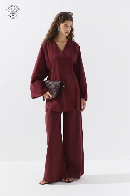 Lyocell Keten Bağcık Detaylı Bordo Kimono Lyocell Keten Bağcık Detaylı Bordo Kimono