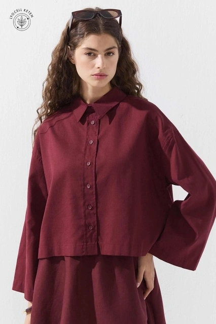 Lyocell Keten Basic Kısa Bordo Gömlek