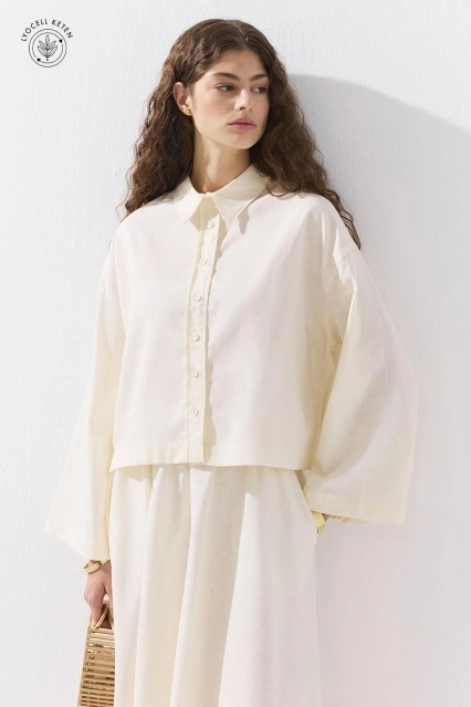 Lyocell Keten Basic Kısa Ekru Gömlek