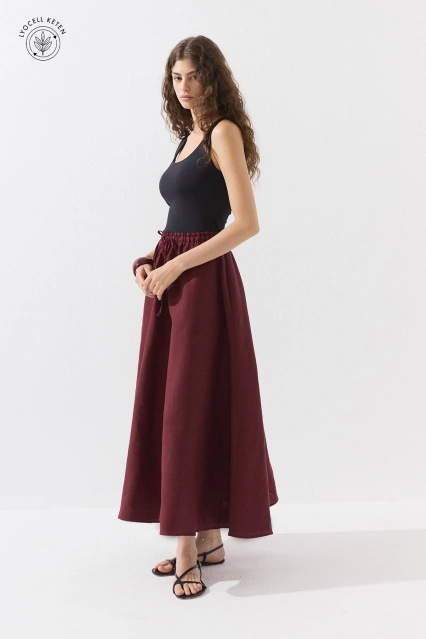 Lyocell Keten Belden Lastikli Bordo Etek