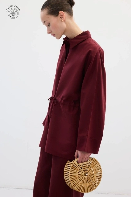 Lyocell Keten Beli Büzgülü Bordo Gömlek