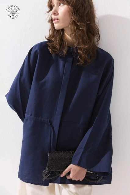 Lyocell Keten Beli Büzgülü Lacivert Gömlek