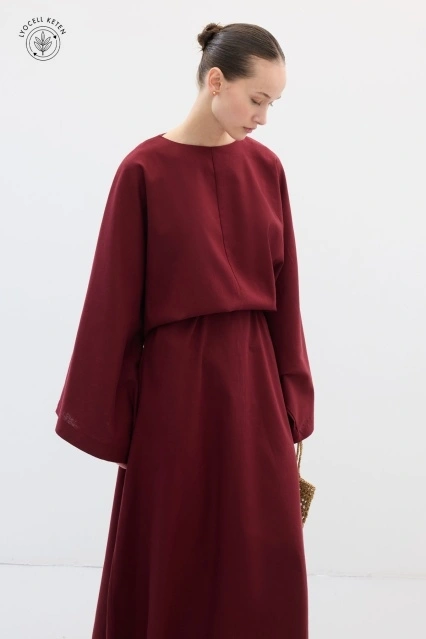 Lyocell Keten Dökümlü Bordo Tunik Elbise Lyocell Keten Dökümlü Bordo Tunik Elbise