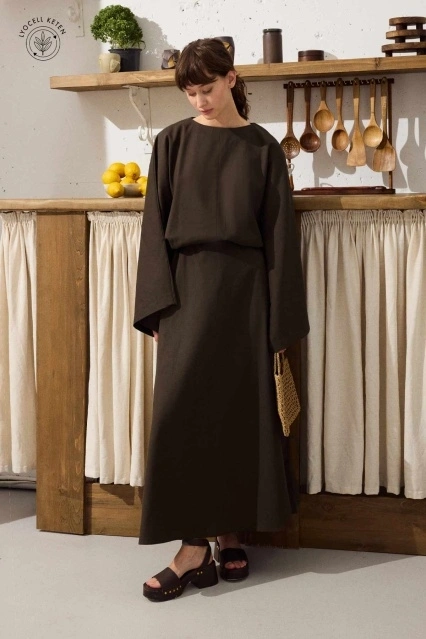 Lyocell Keten Dökümlü Kül Kahve Tunik Elbise Lyocell Keten Dökümlü Kül Kahve Tunik Elbise