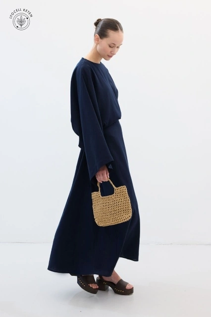Lyocell Keten Dökümlü Lacivert Tunik Elbise Lyocell Keten Dökümlü Lacivert Tunik Elbise