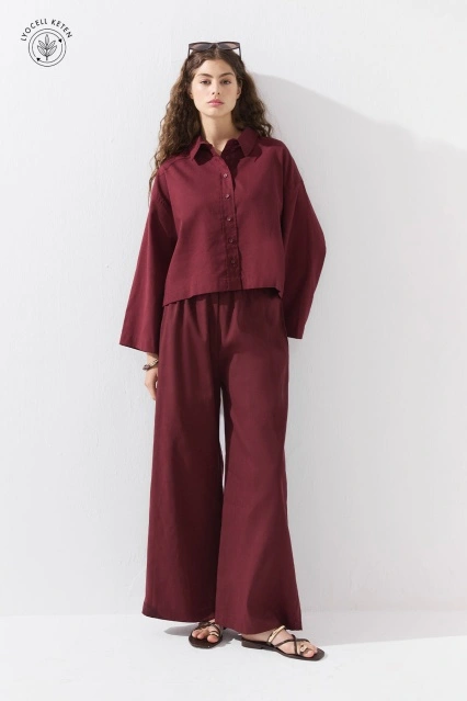 Lyocell Keten Dökümlü Lastikli Bordo Pantolon