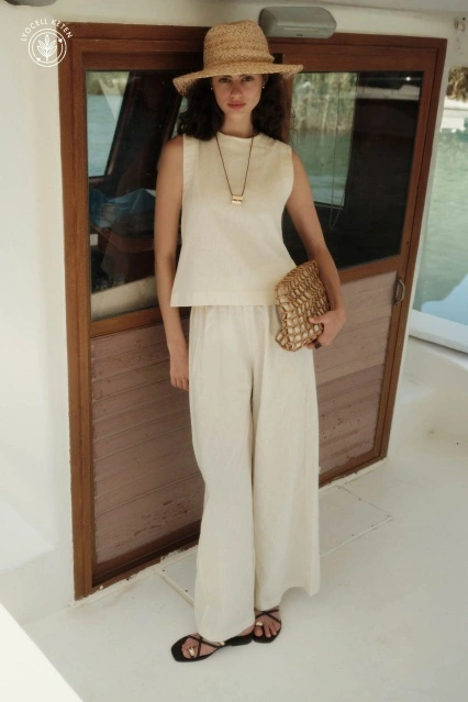 Lyocell Keten Dökümlü Lastikli Ekru Pantolon