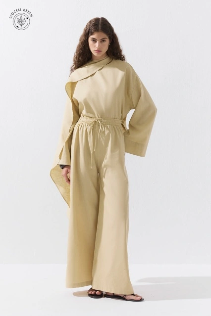 Lyocell Keten Dökümlü Lastikli Kum Beji Pantolon