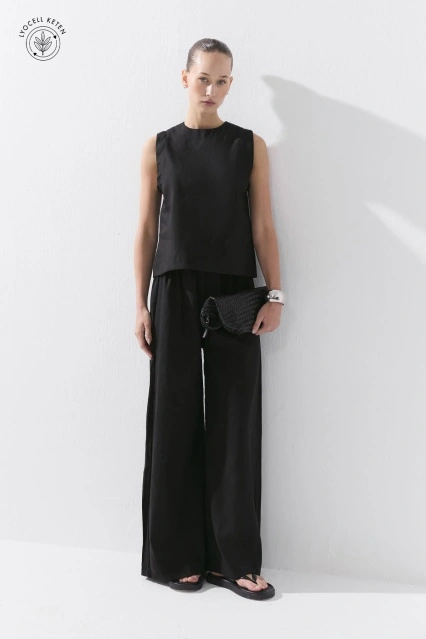 Lyocell Keten Dökümlü Lastikli Siyah Pantolon