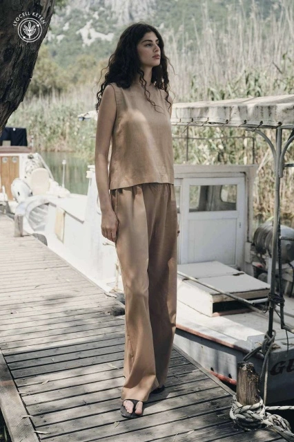 Lyocell Keten Dökümlü Lastikli Sütlü Kahve Pantolon