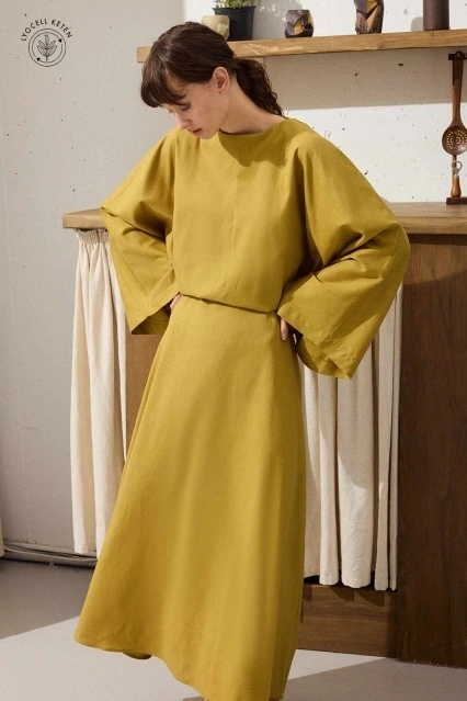 Lyocell Keten Dökümlü Safran Tunik Elbise