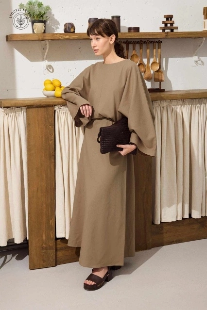 Lyocell Keten Dökümlü Sütlü Kahve Tunik Elbise Lyocell Keten Dökümlü Sütlü Kahve Tunik Elbise