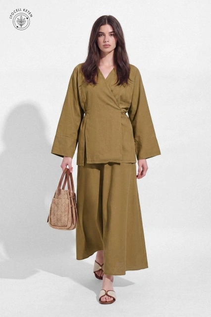 Lyocell Keten Kimono Safran Etekli Takım