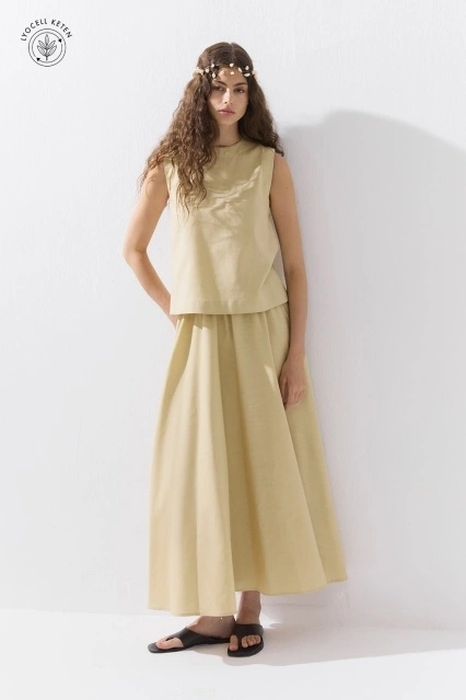 Lyocell Keten Kolsuz Kum Beji Bluz