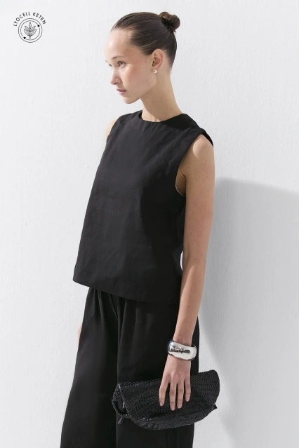 Lyocell Keten Kolsuz Siyah Bluz