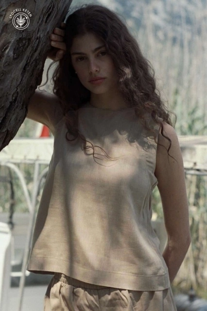 Lyocell Keten Kolsuz Sütlü Kahve Bluz