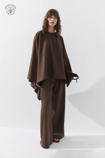 Lyocell Keten Pelerin Kül Kahve Bluz