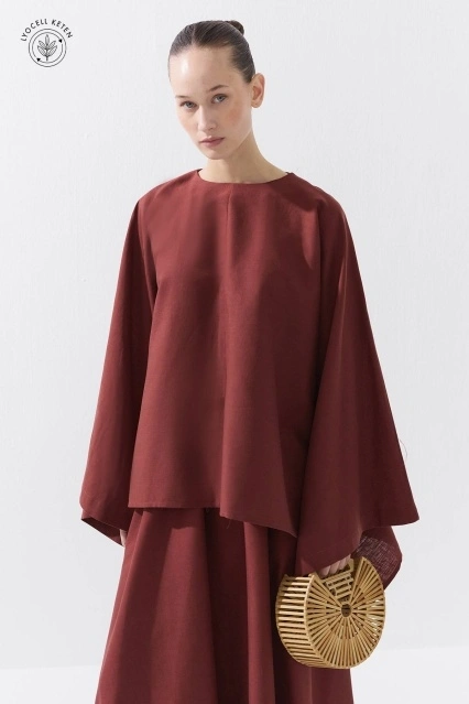 Lyocell Keten Pelerin Mercan Bluz