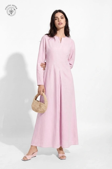 Lyocell Keten Pilikaşe Pastel Pembe Elbise