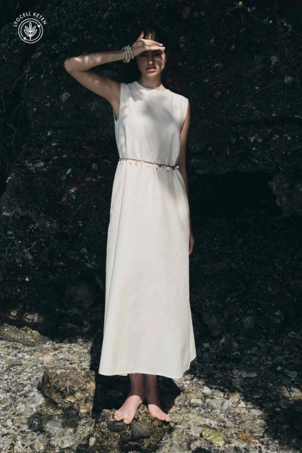 Lyocell Keten Sıfır Kol Ekru Elbise