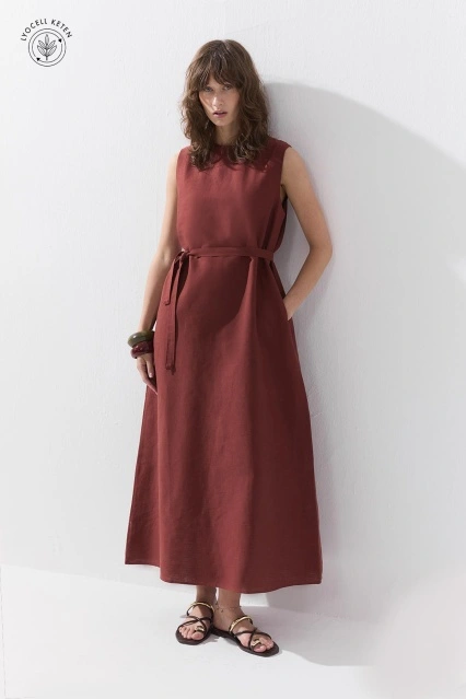 Lyocell Keten Sıfır Kol Mercan Elbise