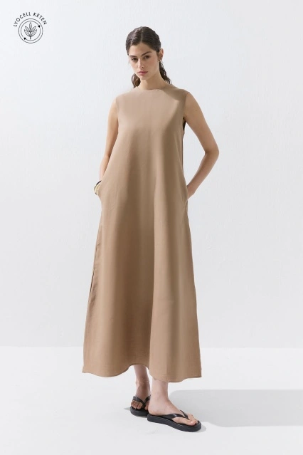 Lyocell Keten Sıfır Kol Sütlü Kahve Elbise