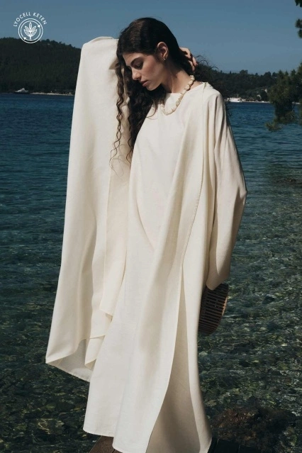 Lyocell Keten Yarasa Kol Uzun Ekru Kimono