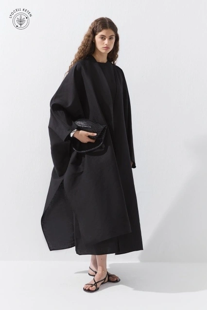 Lyocell Keten Yarasa Kol Uzun Siyah Kimono