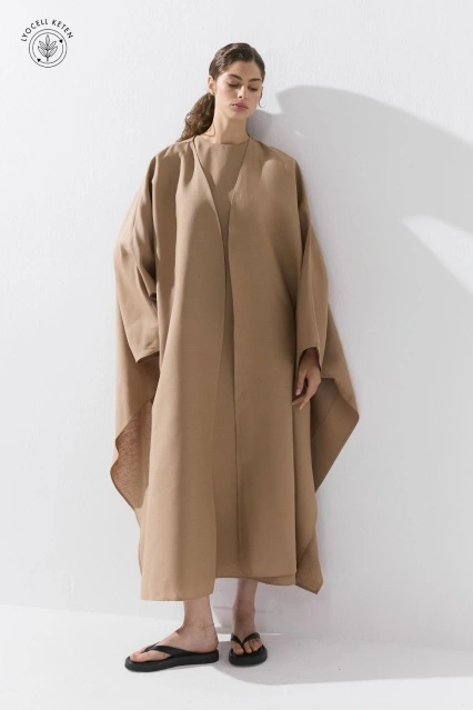 Lyocell Keten Yarasa Kol Uzun Sütlü Kahve Kimono
