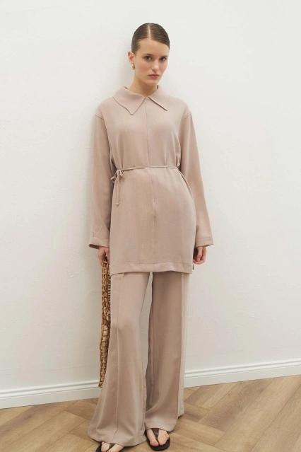 Melanj Dokulu Glide Bej Pantolon Takım