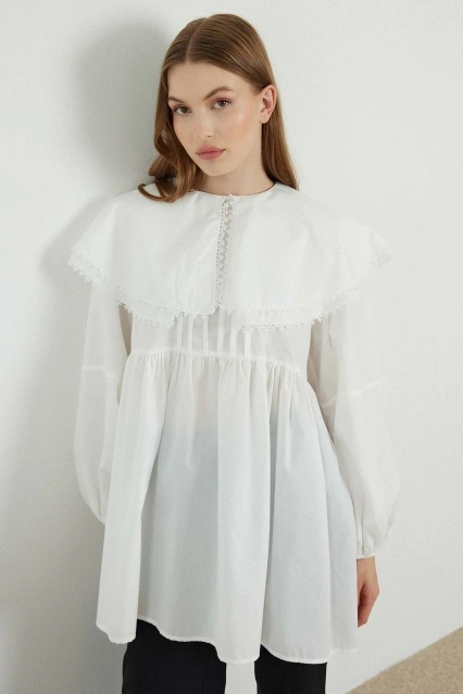 Yakalı Ekru Poplin Tunik