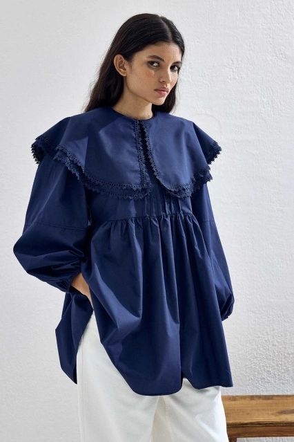 Yakalı Lacivert Poplin Tunik