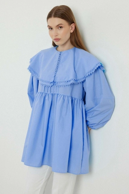 Yakalı Mavi Poplin Tunik