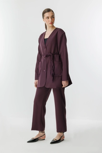 Meri Örme İp Detaylı Bordo Ceket Takım