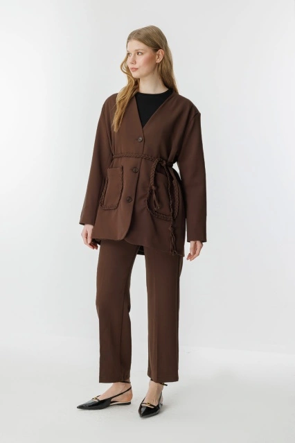 Meri Örme İp Detaylı Kahve Ceket Takım